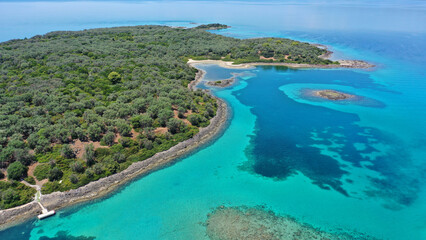 Aerial drone photo of paradise complex volcanic islands of Lichadonisia in North Evia, Greece