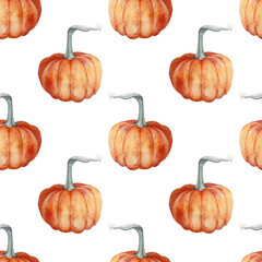 Seamless pattern of orange pumpkins on a transparent background. All elements are hand painted in watercolor. Suitable for printing on fabric, invitations, postcards and for decoration.