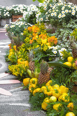 Close-up assortment of freshly vegetable and fruits green pears, yellow pepper, pineapples, lemons.