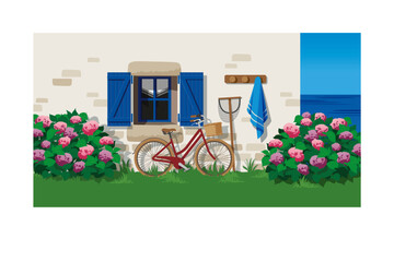 Back from the beach, after a swim in the ocean. Holiday mood, chill afternoon, hortensia, bike and cottage house - obrazy, fototapety, plakaty