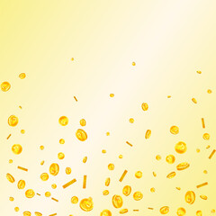 Russian ruble coins falling. Scattered gold RUB