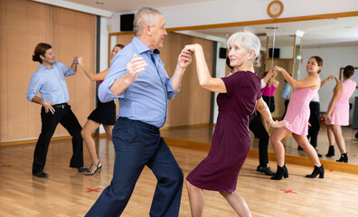 Active elderly pair practicing Latino dance in training hall during dancing-classes. Pairs training ballroom dance