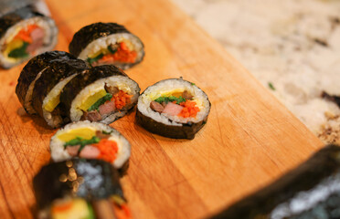 Traditional Korean food kimbap rice homemade california roll
