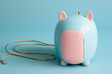 Blue background with a pink piggy bank and white wireless headphones. Generative AI
