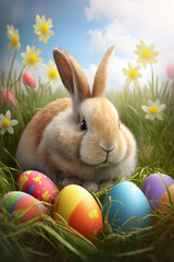 easter bunny with easter eggs - Created with Generative AI technology.
