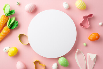 Naklejka na ściany i meble Easter decor concept. Top view photo of white circle colorful quail eggs easter bunny ears backing molds and carrots on isolated pastel pink background with copyspace