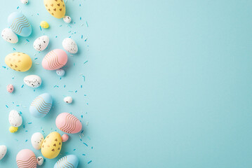 Top view photo of yellow pink blue white easter eggs and sprinkles on isolated pastel blue background with empty space