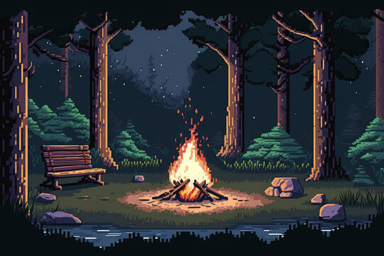 Pixel art game background with a camp fire in the forest. Generative AI.