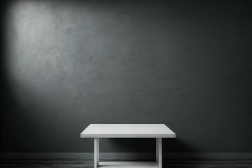 An empty wooden table in front of a blurred, dark concrete wall. Product presentation outline. Generative AI