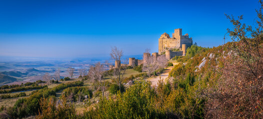 Fototapeta na wymiar The castle of Loarre or castle abbey of Loarre, in Aragonese castiello de Lobarre is a Romanesque castle located in the Spanish town of the same name, belonging to the province of Huesca, in Aragon.