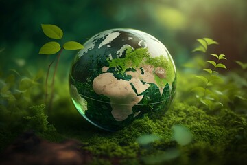 Obraz na płótnie Canvas Green planet earth in a green environment - Generative AI 