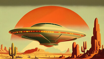 retro futuristic wallpaper. mars, aliens, vehicle. UFO. 1950s. - obrazy, fototapety, plakaty