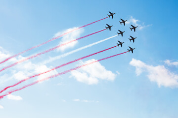 Planes group fly with color trail of Denmark Austria or Poland - obrazy, fototapety, plakaty