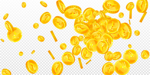 Indian rupee coins falling. Scattered gold INR