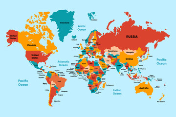 World Map with Country Name and Detailed Country Colors Territory - obrazy, fototapety, plakaty