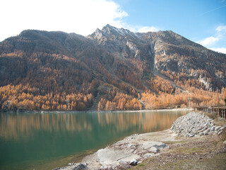 Ceresole Reale lake in autumn. Alps, Italy.