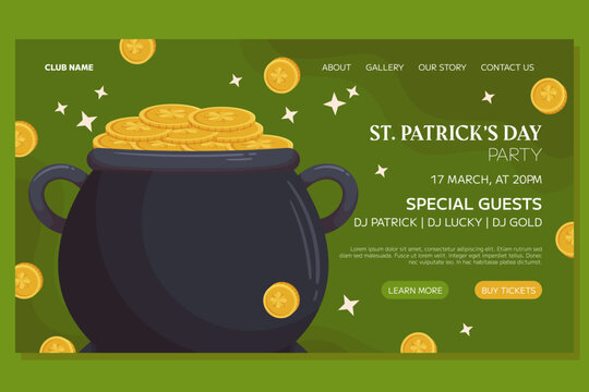 St.Patricks Day holiday Landing page template event design. Leprechaun cauldron and golden coins with shamrock. Web page with party invitation for club and pub