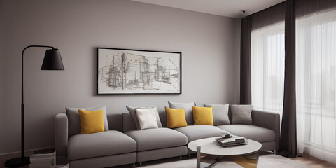 Elegant and comfortable designed living room with big corner sofa. Interior design modern apartment. Generative AI.