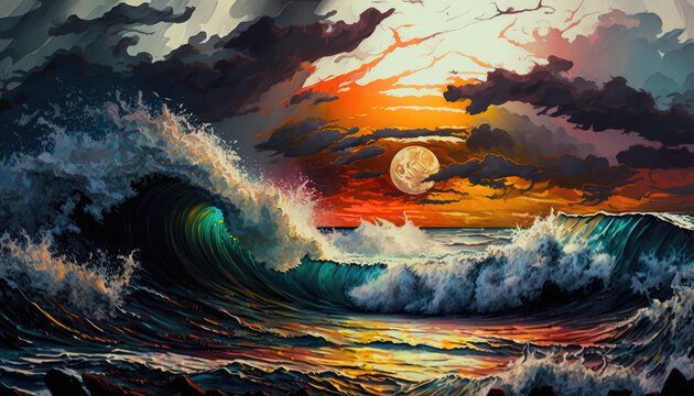 A mesmerizing and moody Impressionist depiction of a stormy sunset over the ocean shore, with coatl-colored waves and a jazzy atmosphere - a stunning wallpaper background