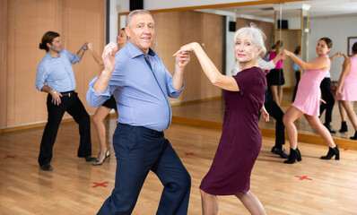 Dynamic aged pair engaging in Latino dance in dance studio. Pairs training ballroom dance in hall