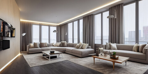 Obraz na płótnie Canvas Elegant and comfortable designed living room with big corner sofa. Interior design modern apartment. Generative AI.