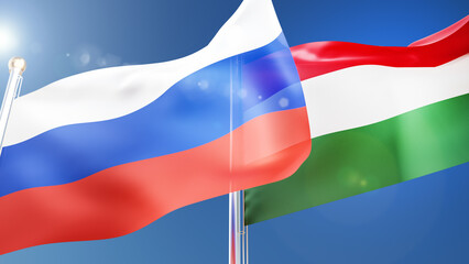 russia and hungary flags waving in the wind against a blue sky. Hungarian, russian national symbols 3d rendering