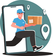 Shipping online, courier quickly delivers goods to address. Stock vector illustration.