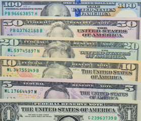 Background layout of modern USD banknotes 1, 5, 10, 20, 50, 100