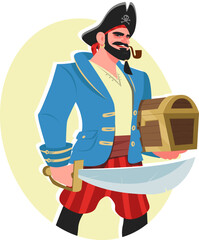 Pirate holding treasure box in hand, corsair with gun and  smoking pipe in mouth. Stock vector illustration