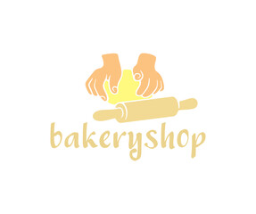 Hands kneading dough, rolling pin for dough, bakery and bakehouse, logo design. Bakeshop, bakery shop, fancy bread, baker, baking and pastry, vector design and illustration
