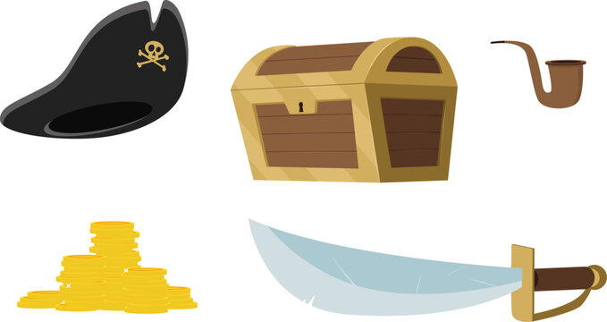 Sea pirates, icon set, hat, treasure chest, saber