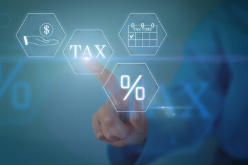 Hand clicks virtual screen to tax return online for tax payment by corporations, income tax, and property tax