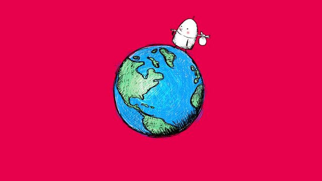 Man with a bundle travelling around the Earth globe. Crazy cartoon black outline pulsing hand drawn animation. Very dynamic. Seamless loop. Good for motion design, whiteboard, etc...