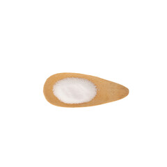 Sugar substitute on wooden measuring scoop. Stevioside powder, glycoside derived from the stevia plant, natural sweetener. Food additive E960. Extract found in the leaves of Stevia rebaudiana