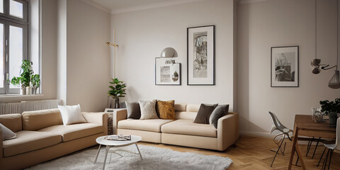 Fototapeta premium Stylish scandinavian composition of living room with design armchair, mock up poster frame, personal accessories in modern home decor. Generative AI.