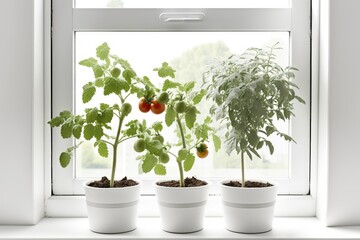 Tomato plants in pots on a white window sill, just starting out. A guide on growing your own food indoors, on a windowsill. grows new vegetation and encourages gardening at home. Generative AI