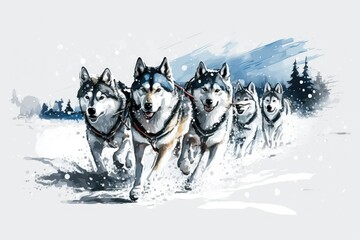 Naklejka premium On an icy road in the wilderness, a team of four husky sled dogs races past. A husky dog sled ride across the snowy Czech countryside. A pack of huskies in the snow. Generative AI