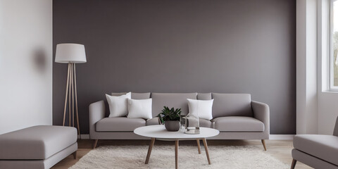 Elegant and comfortable designed living room with big corner sofa. Interior design modern apartment. Generative AI.