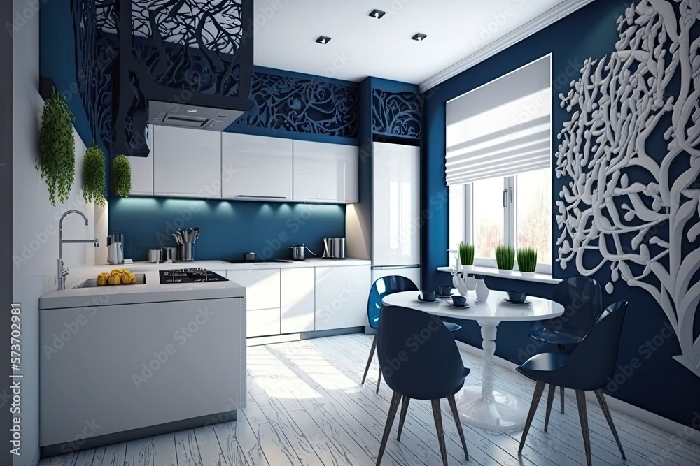 Canvas Prints An ultra contemporary kitchen with a deep blue accent wall. Generative AI