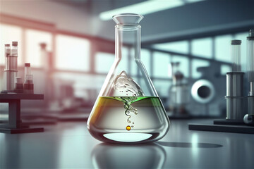 chemistry reaction in an erlenmeyer flask in laboratory, generative ai - obrazy, fototapety, plakaty