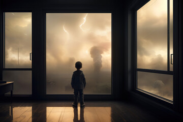 Lonely child standing at the window watching cataclysm destroyng of the city
