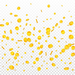Chinese yuan coins falling. Scattered gold CNY