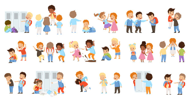 Kids bullying weakers big set. Boys and girls mocking classmates, conflicts between children cartoon vector Illustration