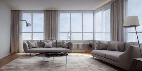 Elegant and comfortable designed living room with big corner sofa. Interior design modern apartment. Generative AI.