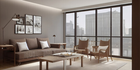 Elegant and comfortable designed living room with big corner sofa. Interior design modern apartment. Generative AI.