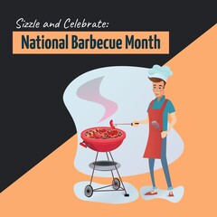 Illustration of sizzle and celebrate national barbecue month text and male chef cooking food on bbq