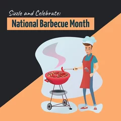 Fotobehang Illustration of sizzle and celebrate national barbecue month text and male chef cooking food on bbq © vectorfusionart