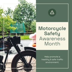 Composition of motorcycle safety awareness month text with motorcycle on green background