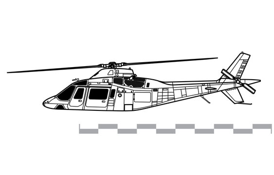 Agusta Westland AW109. Agusta A109. Vector drawing of utility helicopter. Side view. Image for illustration and infographics.