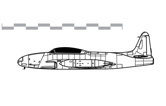 Lockheed T-33A Shooting Star. Vector drawing of jet training aircraft. Side view. Image for illustration and infographics.